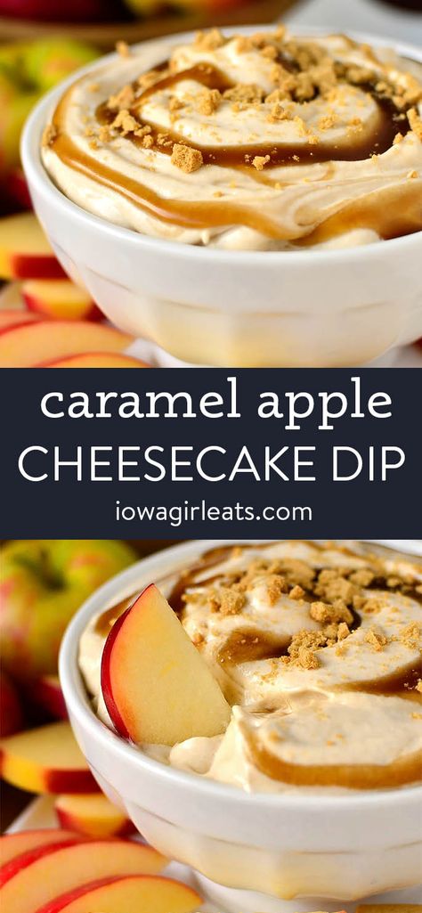 Caramel Apple Cheesecake Dip Apple Cheesecake Dip, Caramel Apple Cheesecake Dip, Apple Dip Recipe, Baked Caramel Apples, Dessert Halloween, Caramel Apple Dip, Baked Caramel, Caramel Apple Cheesecake, Apple Cheesecake