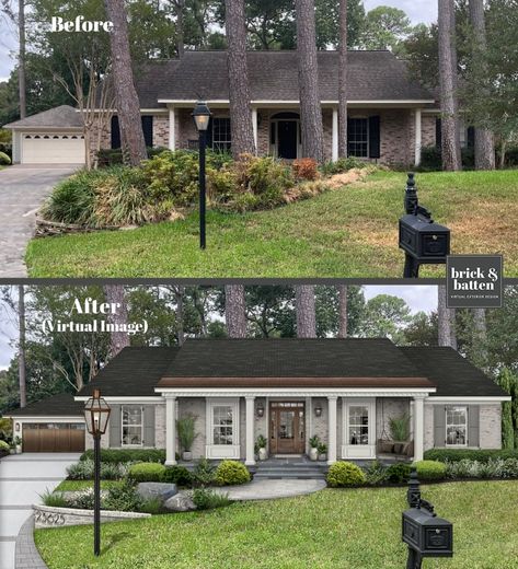 Cottage Style Ranch Homes, Ranch Homes Interior, Ranch Home Makeover, Ranch Exterior Remodel, Brick Ranch Houses, Painted Brick Exteriors, Ranch House Remodel, Ranch House Exterior, Painted Brick House