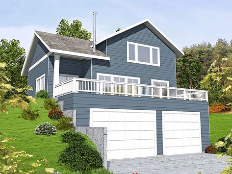 Houses On A Hill, Garage Homes, Coastal Craftsman, Garage Deck, Bedroom Deck, Floorplan House, Sloping Lot House Plan, Covered Entry, Carriage House Plans