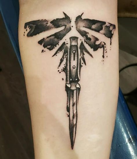 Best 17 The Last of Us Tattoos - NSF - Magazine The Last Of Us Cordyceps Tattoo, Ellie Williams Knife Tattoo, Ellie’s Switchblade Tattoo, The Walking Dead Game Tattoo, Ellie The Last Of Us Tattoo Ideas, Ellie Switchblade Tattoo, Firefly Tattoo The Last Of Us, Zombie Apocalypse Tattoo, Ellie Knife Tattoo