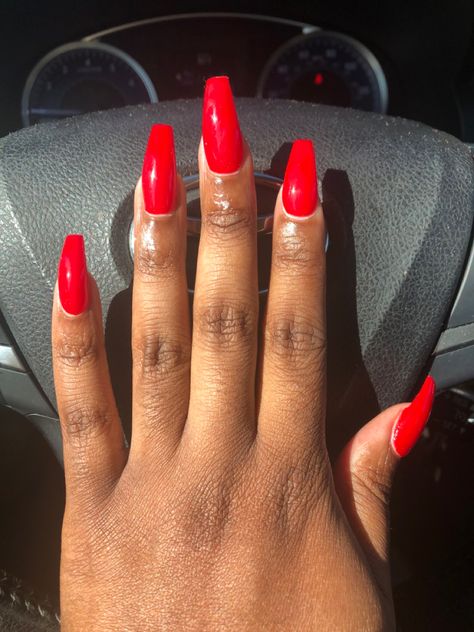 Red Nail Polish Colors For Dark Skin, Red Nails By Skin Tone Range, Red Nails Medium Length, Coffin Nails Medium Length, Red Nails On Dark Skin, Medium Coffin Shape Nails, Coffin Nails Medium, Red Coffin Nails, Red Nail Polish Colors