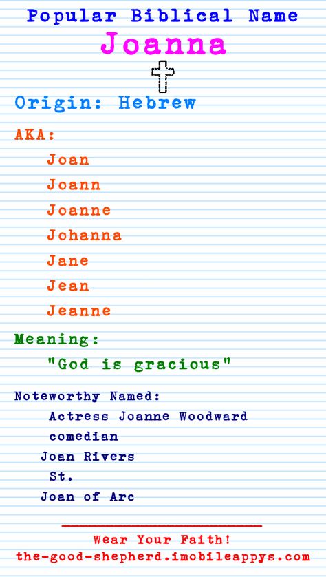 #Joanna #names #biblenames #biblicalnames #girlnames #namemeanings #nameorigins "Joanna" A Popular Biblical Name! What does it mean? Name Your Child! Joanna Name Meaning, Joanna Name, Girl Names With Meaning, Christian Names, Joanne Woodward, S Meaning, Biblical Names, Name Origins, Good Shepherd