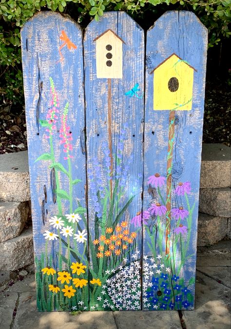 Acrylic painted garden on reclaimed fence boards, wood, flowers, birdhouse Left Over Fence Wood, Wood Pallet Art Paint, Painting Murals On Fences, Painted Pallets For Outside Garden, Painted Fence Panels, Painted Garden Gate, Privacy Fence Painting Ideas, Fence Art Painting, Painted Fences Ideas Backyards