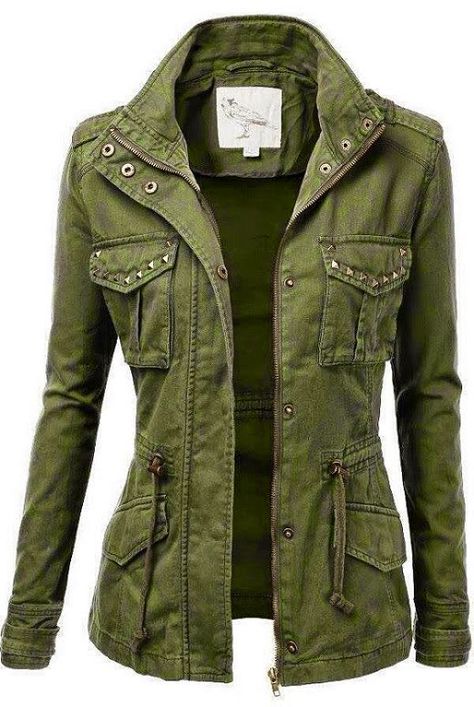 cool jacket https://www.stitchfix.com/referral/4939303 Military Jacket Women, Drawstring Jacket, Military Jacket Green, Studded Jacket, Military Style Jackets, Army Jacket, Anorak Jacket, Simply Lovely, Military Inspired