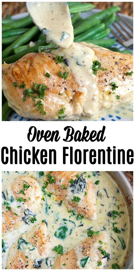 Baked Chicken Florentine, Chicken Florentine Recipe, Florentine Recipe, Creamy White Wine Sauce, Florentines Recipe, Chicken Florentine, Chicken Breast Recipes Easy, Healthy Pasta, Easy Baked Chicken