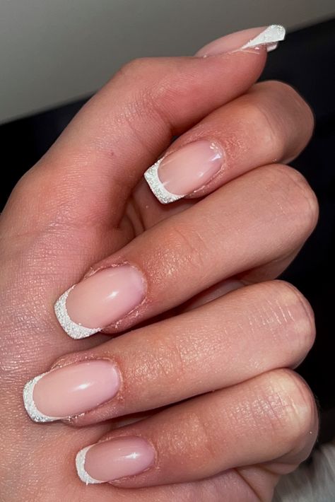 White Tip Nails With Glitter Line, Glitter Nails White Tips, Ty Ball Nails, Glitter White Tip Nails, White Glitter Tip Nails, White Sparkle French Tip, Glitter White French Tip Nails, Glitter White French Tips, White Sparkly French Tips