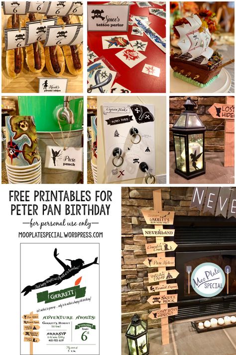 Peter Pan Party Food Ideas, Peter Pan Themed Desserts, Peter Pan Themed Birthday Party, Peter Pan Themed Party Food, Neverland Food Ideas, Never Grow Up Peter Pan First Birthday, Peter Pan Snacks, Peter Pan Printables Free, Peter Pan Movie Night Food