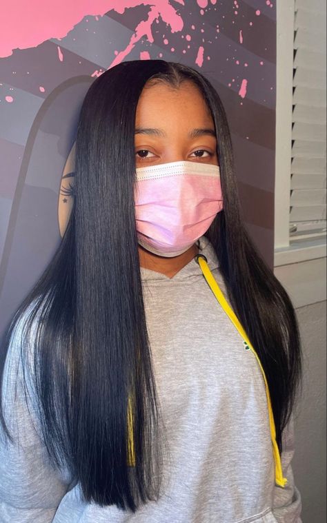 20 In Sew In, Silk Press Quick Weave, 18inch Sew In Weave Straight, Short Straight Sew In, Straight Hair Layers Black Women, Straight Hair Weaves For Black Women, Silk Press Straight Hair, Middle Part Quick Weave With Leave Out Straight, Flat Sew In