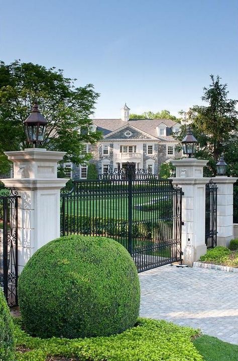 Stone Mansion, Front Gates, Iron Gate, Great House, Stately Home, Entrance Gates, Dream House Exterior, Classic House, Dream Home Design