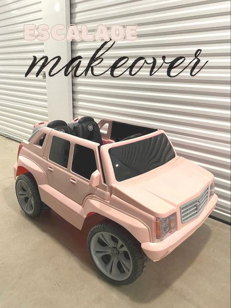 “Escalade makeover” title with power wheels Escalade car in matte pink with black and gray accents. Diy Power Wheels Makeover, Step2 Push Car Makeover, Barbie Jeep Makeover, Power Wheels Truck, Barbie Power Wheels, Power Wheels Makeover, Car Paint Diy, Girls Toy Box, Power Wheel Cars