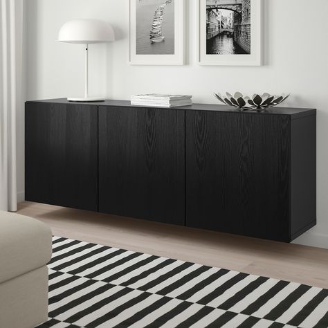 BESTÅ Wall-mounted cabinet combination, black-brown, Timmerviken black, 70 7/8x16 1/2x25 1/4" - IKEA Living Room With Tv, Besta Ikea, Black And White Living Room, Floating Cabinets, Ikea Besta, Wall Mounted Cabinet, White Living, Buffet Cabinet, White Living Room