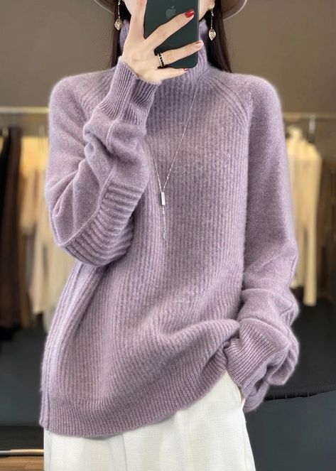 Purple Turtleneck, Solid Sweaters, Knit Sweaters, Wool Turtleneck, Comfortable Room, Purple Sweater, Cup Size, Trendy Fashion Women, Knit Cotton