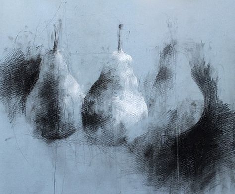 Pears by Jake Muirhead Charcoal and chalk on paper Food Sketch Black And White, Jake Muirhead, Observational Studies, 3d Drawing Techniques, Things To Draw Ideas, To Draw Ideas, Charcoal Artwork, Chalk On Paper, 3d Monster