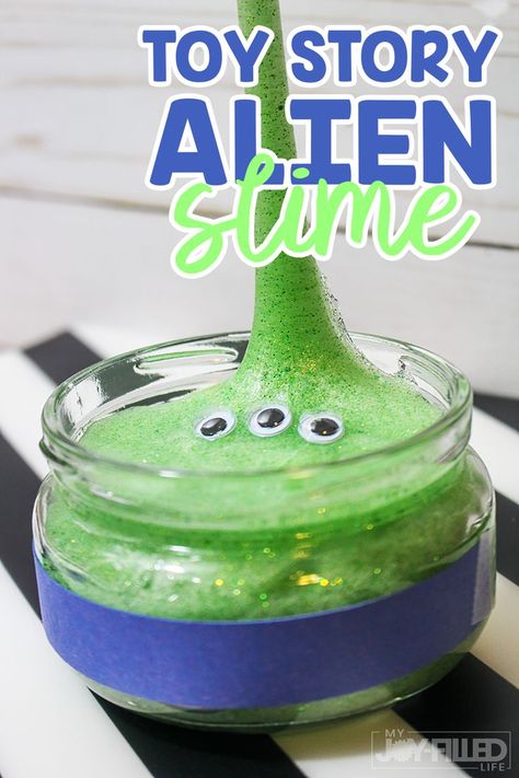 If your kids love Disney's Toy Story, they will love this Toy Story Slime! This green toy story alien slime is not only easy to make but so much fun to play with! #toystory #toystory4 #slime #slimerecipe #toystoryslime Science Activities For Infants, Toy Story Game, Activities For Infants, Toy Story Crafts, Slime Ideas, Slime Recipes, Toy Story Movie, Slime Toy, Toy Story Theme