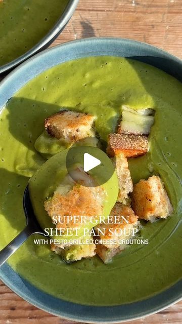 Crowded Kitchen | Lexi & Beth on Instagram: "Super Green Sheet Pan Soup with pesto grilled cheese croutons 🥣🌱   Think of it as a creamy potato leek soup with a few extra vegetables (never a bad thing!) 🥦 It’s silky smooth, filling (but still light), packed with veggies and SO GOOD! The pesto grilled cheese croutons are optional, but strongly encouraged 😍  This soup is ready in about 45 minutes and it’s very hands off. Just roughly chop the vegetables, roast and blend with spinach, parsley, hot broth + peas and lemon juice.   You can find the full recipe on our website (link in bio) or a condensed version below 👇  SUPER GREEN SHEET PAN SOUP  3 tbsp olive oil  1 large leek, trimmed, washed & cut into 1” pieces 1 head garlic 1/2 of a head of cauliflower  1/2 of a head of broccoli  1 medi Soup With Pesto, Pesto Grilled Cheese, Creamy Potato Leek Soup, Cheese Cracker Recipe, Large Zucchini, Grilled Cheese Croutons, Crowded Kitchen, Cheese Croutons, Potato Leek