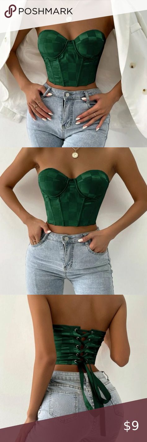 Satin green corset top Green Corset Top Outfit, Dark Green Corset Top, Green Corset Outfit, Shein Corset Top, Satin Top Outfit, Green Corset Top, Corset Top Outfit, Painted Clothes Diy, Green Corset