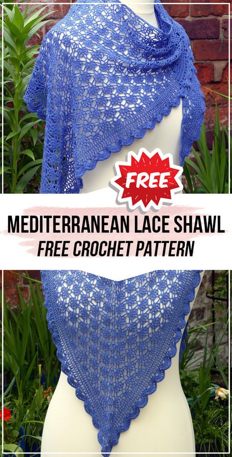 crochet Mediterranean Lace Shawl free pattern #Shawl #crochet #freecrochetpattern via @shareapattern.com Weight 1 Yarn Crochet Patterns, Prayer Shawl Crochet Pattern, Shawls Crochet, Shawl Free Pattern, Left Handed Crochet, Crochet Lace Shawl, Shawl Crochet, Triangle Shawls, Lace Shawl