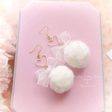 DANGLE or CLIP ON no pierce Earrings, Cute Baby Girl White Bow Heart Pom Pom Soft Faux Fur Ball Earrings, Kawaii Sweet Fairy Kei Jewelry, #aestheticearrings #aesthetic #earrings #aestheticjewelry #smallbusiness #jewellerystore Cute Accessories Kawaii, Heart Pom Pom, Kei Jewelry, Earrings Kawaii, Pom Pom Earrings, Kawaii Earrings, Kawaii Jewelry, Fancy Earrings, Ball Earrings