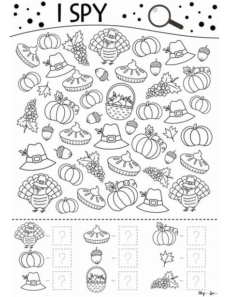 Thanksgiving I Spy worksheet Fill in the number of items found at the bottom for turkeys, pumpkins, Pilgrim hats, pie, acorns, basket of fruit, pumpkins with a leaf, and grapes Pilgrim Activities For 1st Grade, Thankful Coloring Sheets For Kids, Harvest Worksheets Preschool, Pilgrims And Indians Preschool, Thanksgiving Black And White, Thanksgiving Worksheets Kindergarten, Pilgrim Activities, Pilgrim Hats, Spy Games For Kids