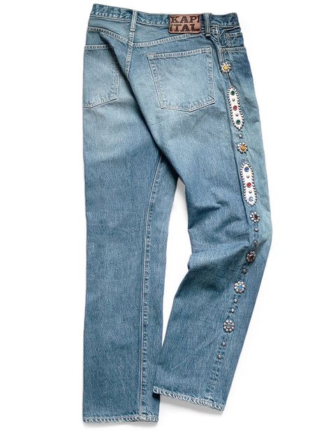 Kapital Denim, Boro Stitching, Denim Inspiration, Men's Bottoms, Studded Denim, Studs Men, Studded Jeans, Street Fashion Men Streetwear, Jeans Button