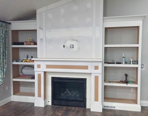 Craftsman Style Fireplace Ideas, Diy Shaker Fireplace Surround, Shaker Style Fireplace Mantel, Building Out Fireplace Surround, Diy Faux Fireplace With Built Ins, Faux Fireplace Built Ins, How To Build A Fireplace Surround, Shaker Style Fireplace, Shaker Fireplace