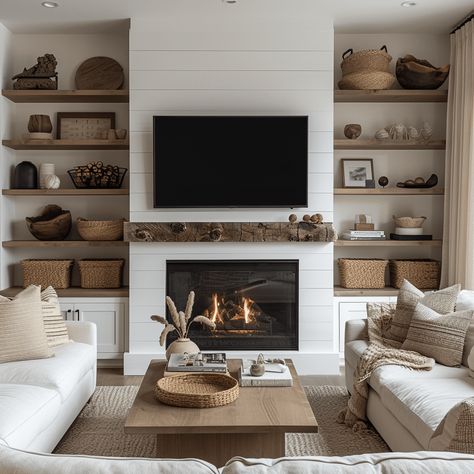 Small Fireplace Wall With Tv, How To Build Shelves Around Fireplace, Fireplace Tv Wall Wood Storage, Bookshelf Entertainment Center With Fireplace, Living Room Built Ins With Tv And Corner Fireplace, Rustic Fireplace Wall Ideas, Livingroom With Fireplace And Tv, Fireplace Tv Shelves, Bookshelves In Living Room With Tv And Fireplace