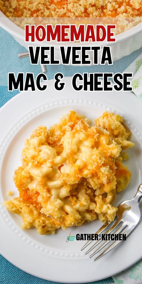 Velveeta mac and cheese on a plate with the words "Homemade Velveeta Mac & Cheese" on top. Homemade Velveeta Mac And Cheese, Mac N Cheese Velveeta, Homemade Mac And Cheese Recipe Easy, Homemade Mac And Cheese Recipe Baked, Homemade Velveeta, Recipes With Velveeta Cheese, Velveeta Mac And Cheese, Velveeta Recipes, Easy Mac N Cheese Recipe