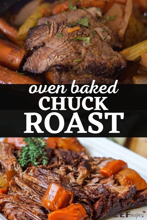 My Oven Baked Chuck Roast Recipe is a perfect family dinner or special occasion meal. It's easy to prep in just 15 minutes, then cooks low and slow in the oven all in one pot. Fall-apart tender and complete with carrots and potatoes, this easy pot roast for dinner is a meal you'll want to make for your family again and again. Baked Beef Roast, Oven Baked Chuck Roast, Baked Chuck Roast, Chuck Roast Recipe Oven, Cooking Roast In Oven, Roast Beef Recipes Oven, Slow Cook Roast, Chuck Roast Recipe, Oven Roast Beef