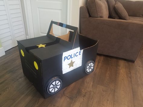 Police Cardboard Box Police Cardboard Box Car, Diy Police Car Cardboard Boxes, Car Valentine Box Ideas, Police Car Costume, Transportation Parade, Police Decorations, Car Valentine, Kids Police Car, Valentine Box Ideas