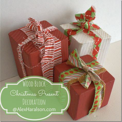 Super simple Christmas craft...Wood Block Christmas Present Decorations Christmas Craft Wood, Christmas Present Decorations, Present Decorations, Christmas Present Decoration, Wood Blocks Christmas, Wooden Christmas Crafts, Wood Block Crafts, Super Saturday, Craft Wood