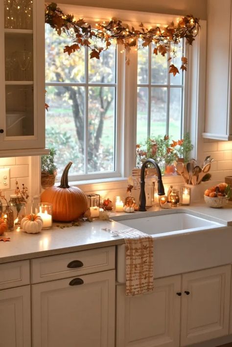 Fall Kitchen Lights, Fall Garland Over Kitchen Window, Decorate Above Doorway, Recipe Kitchen Decor, Kitchen Fall Decorating Ideas 2024, Fall Decor Inspo Kitchen, Fall Interior Decorating Ideas, Farmstyle Home Decor Ideas, Cottage Core Autumn Decor