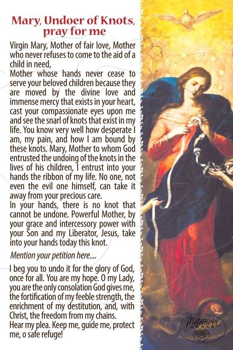 Mary Untier Of Knots, Mary Undoer Of Knots, Our Lady Undoer Of Knots, Catholic Saints Prayers, Catholic Prayers Daily, Prayer Of Praise, Archangel Prayers, Prayer For My Children, Catholic Beliefs