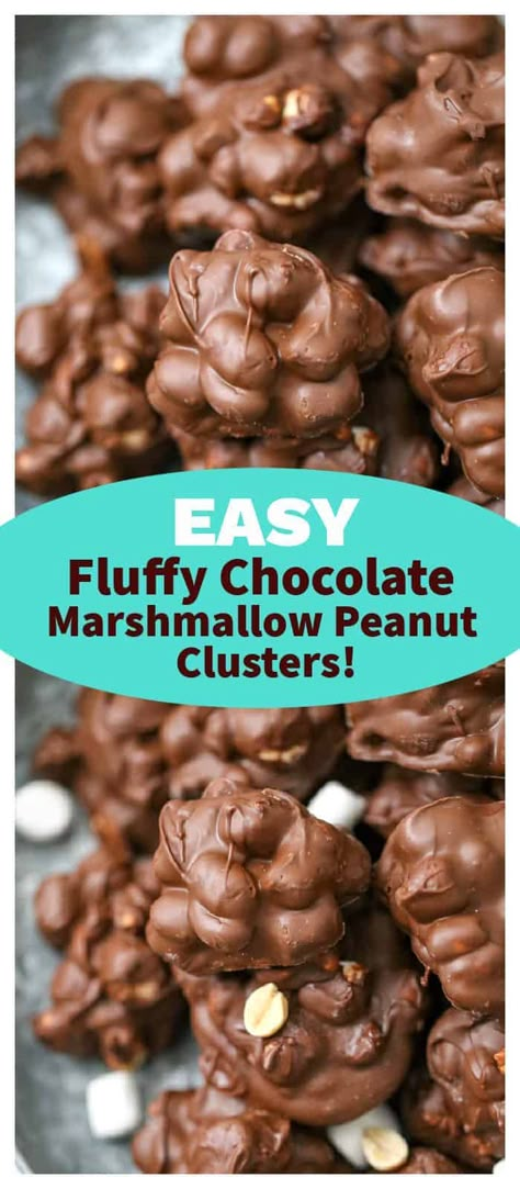 Easy Fluffy Chocolate Marshmallow Peanut Clusters! - These gourmet candy clusters are the most decadent chocolate covered fluffy marshmallows and roasted peanut mounds that are totally life changing yummy!  You'll be savoring these smooth luxurious decadent treats for snacking, holidays and gifting to friends and family and you will not believe how easy they are to make!  #clusters #chocolatecoveredpeanuts #marshmallow #candy #chocolatemarshmallow #howtomakeclusters #holidaytreats Candy Clusters, Chocolate Nuts Clusters, Fluffy Marshmallows, Chocolate Peanut Clusters, Marshmallow Candy, Chocolate Clusters, Peanut Clusters, Peanut Candy, Chocolate Covered Marshmallows