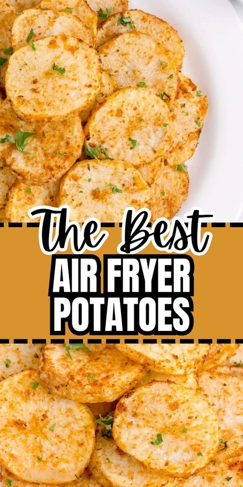 Overhead shot of plateful of air fryer potatoes at top and closeup overhead shot of air fryer potatoes at bottom. Potatoes In Air Fryer Recipe, Oven Baked Sliced Potatoes, Golden Potato Recipes, Potatoes In Air Fryer, Russet Potato Recipes, Air Fryer Potatoes, Potato Side Dishes Easy, Air Fry Potatoes, Fried Potatoes Recipe