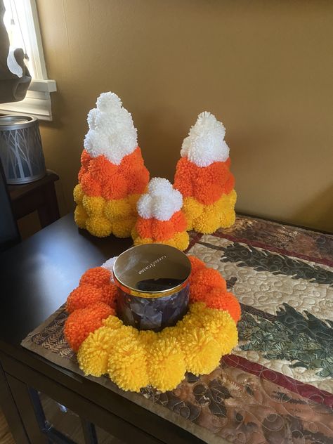 Candy Corn Pom Pom Tree Trio and Candle Wreath Candy Corn Pom Pom, Pom Pom Ideas, Pompom Tree, Fall Decor On A Budget, Creative Halloween Decorations, Halloween Arts, Pom Pom Tree, Candle Wreath, Diy Pom Poms