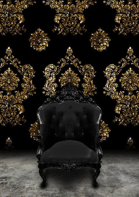 "Asylum Art", Golden Black Barock BG by the-night-bird Poland House, Gold Damask Wallpaper, Baroque Chair, Throne Chairs, Tapete Gold, Karaoke Room, Black Gold Jewelry, Gold Bedroom, Black Chair