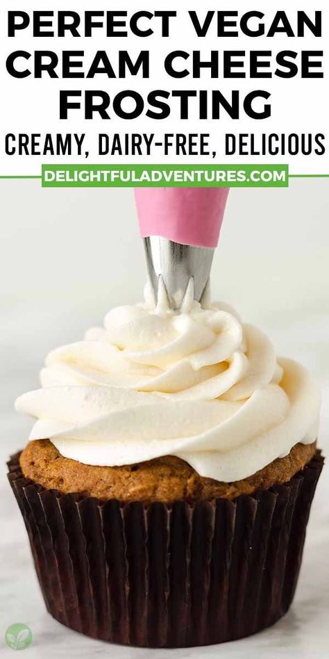 Learn how to make vegan cream cheese frosting that can be piped and is the best for topping or filling cupcakes, carrot cake, cookies, cinnamon rolls, whoopie pies, and more! Yes, it’s possible to make a great dairy-free cream cheese icing is nut-free (that's right, no cashews!). Dairy Free Carrot Cake Frosting, Df Cream Cheese Frosting, Lactose Free Cream Cheese Frosting, Non Dairy Cream Cheese Frosting, Dairy Free Coconut Frosting, Cream Cheese Frosting For Cake, Dairy Free Cream Cheese Icing, Filling Cupcakes, Gluten Free Icing