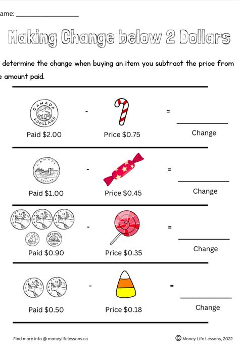 Free digital download for students to practice calculating how to make change with Canadian money. Making Change, Canadian Money, Money Change, Money Math, Money Life, Make A Change, One Dollar, Grade 3, Financial Literacy