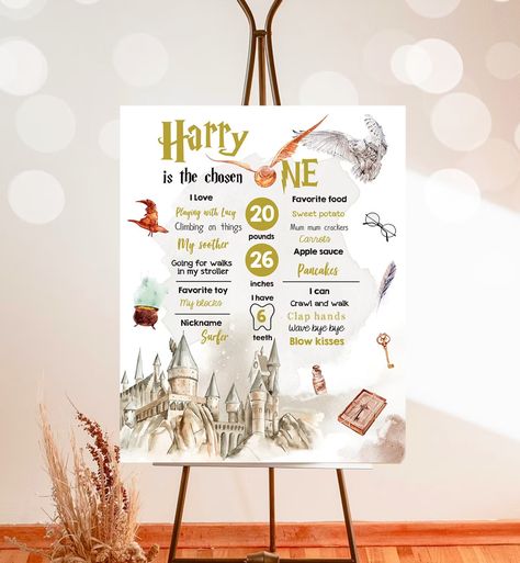 Harry Potter Birthday Chalkboard, The Chosen One First Birthday, Harry Potter 1st Birthday, Chosen One Birthday, Harry Potter Theme Birthday, Halloween 1st Birthdays, Digital Sign, Baby Boy 1st Birthday Party, Birthday Babe