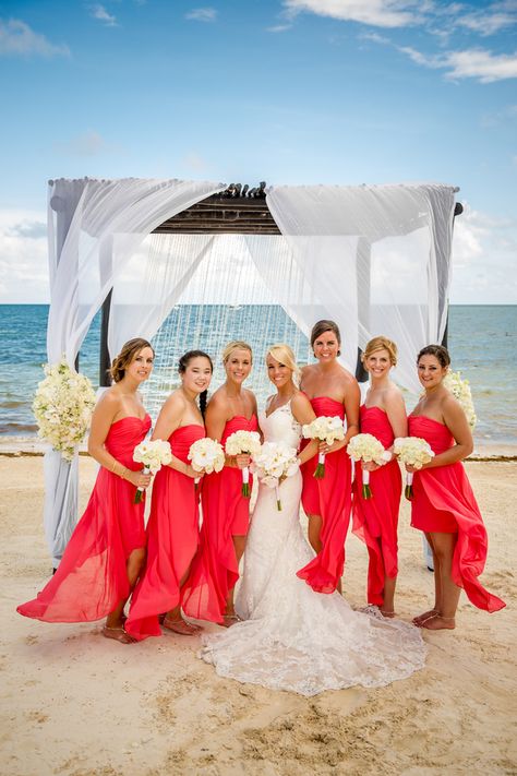 Bride and Bridesmaids in Coral | Destination Beach Wedding | Aldabella Photography Coral Red Bridesmaid Dresses, Coral Bridesmaid Dresses Beach, Coral Beach Bridesmaid Dresses, Beach Wedding Bridesmaid Dresses Coral, Bride With Bridesmaids, Coral Dresses, Photo Of Bride, Beach Wedding Bridesmaid Dresses, Beach Bridesmaids