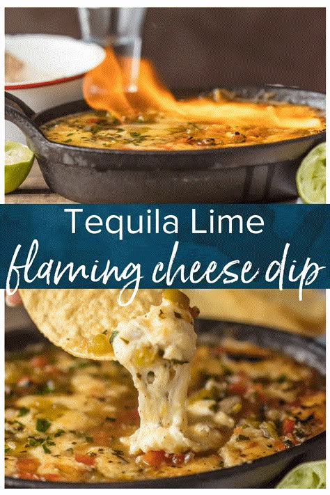 TEQUILA LIME FLAMING CHEESE DIP is the most fun way to eat cheese dip! This delicious queso is loaded with pico and green chiles, topped with a chili lime reduction, and then doused in tequila and lit on fire. It's the ultimate New Year's Eve or Super Bowl appetizer! #queso #cheese #cheesedip #dip #appetizers #thecookierookie via @beckygallhardin Flaming Cheese Mexican, Tequila Recipes Food, Alredo Sauce, Flaming Cheese, New Easy Recipes, White Queso Recipe, Dip Appetizers, Tequila Party, White Queso