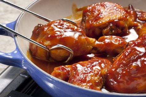 Skillet Barbecued Chicken | MrFood.com Chicken Legs And Thighs, Stovetop Recipes, Bbq Chicken Legs, Barbecued Chicken, Barbecue Chicken Recipe, Meals Chicken, Mr Food, Chicken Bbq, Top Chicken Recipes