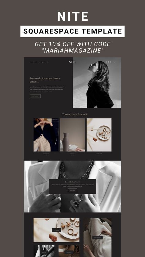 Nite - Squarespace Template - get 10% off with code MARIAHMAGAZZINE Nite is an editorial, modern, and sleek Squarespace Fluid Engine Template design crafted for lifestyle brands to share their services, portfolio, shop and blog posts. This easy-to-customize Squarespace design is highly versatile and can be used for online shops, coaches, service-based businesses, and bloggers. Online Magazine Design, Good Web Design, Website Design Trends, Online Web Design, Design Tricks, Squarespace Template, Squarespace Web Design, Social Media Kit, Squarespace Design