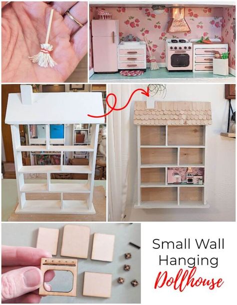 Wall Dollhouse Shelf, Wall Mounted Doll House, Homemade Dollhouse Diy, Dollhouse Diy Build, Wall Dollhouse, Dollhouse Makeover, Farmhouse Makeover, Kit Cat Clock, Miniature Decor