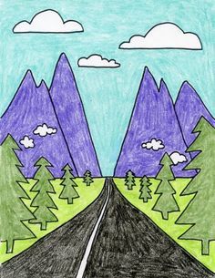 How to draw perspective landscape. A step-by-step tutorial for young artists. PDF download is available at Art Projects for Kids.org Draw Perspective, 2nd Grade Art, 4th Grade Art, 5th Grade Art, 3rd Grade Art, Art Projects For Kids, Creation Art, Kids Art Class, Vanishing Point