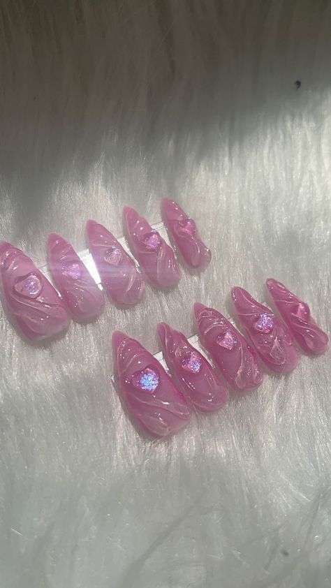 Gel X Press On Nails, 3d Heart Nail Designs, Heart Cutout Nails, Pretty Press On Nails, Valentines Day Nails 3d, Valentines Nails 3d, Clear Heart Nails, Nails With 3d Hearts, 3d Valentines Nails