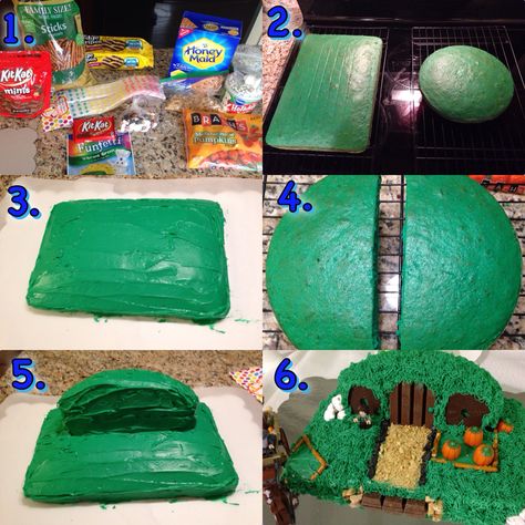 Here's how I made my son's Hobbit Hole Birthday cake from start to finish!  I used a Wilton grass icing tip and a variety of candies/cookies.  The rock shaped candy is the hardest to find, but it can be found at specialty candy shoppes.  The key is doing a crumb coat of icing the day before (it also helps if your crumb coating is green, some people use white, but if you do that every inch has to be covered again or you will see the white) then do all of the decorating the day of the party! Hobbit Cake Easy, Hobbit Cake Lord Of The Rings, Hobbit Birthday Cake, Hobbit Hole Cake, Hobbit Birthday Party Ideas, Lord Of The Rings Cake, Lotr Birthday, Hobbit Cake, Hobbit Birthday