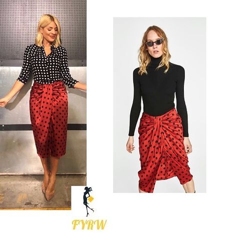 Holly Willoughby This Morning outfit style black and white polka dot shirt red polka dot skirt nude court shoes June 2018 #HollyWilloughby #ThisMorning #style #outfit #polkadot #mix #print #skirt #shirt Photo : Angie Smith Red And White Polka Dot Shirt Outfit, Chic Polka Dot Summer Skirt, Summer Polka Dot Flowy Skirt, Red Polka Dot Pencil Skirt, Red Polka Dot Skirt, Nude Court Shoes, Red Polka Dot Top, Angie Smith, Knotted Skirt