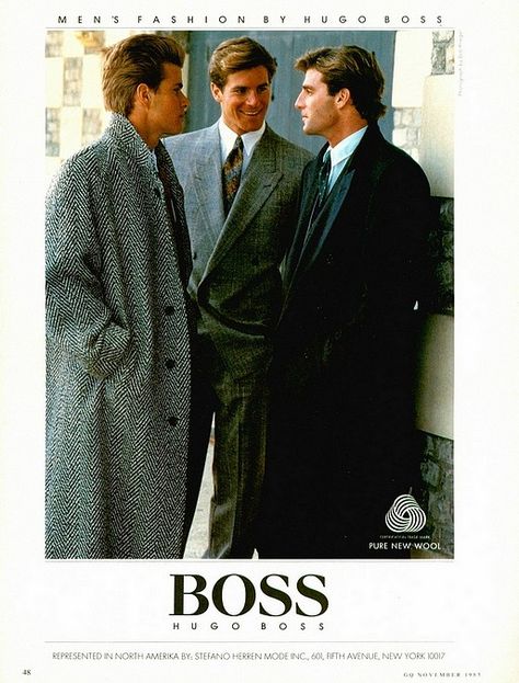 Hugo Boss - 1985 Fall/Winter - Database & Blog about classic and stylish male imagery Yuppie Fashion, 80s Fashion Men, Look 80s, Men In Suits, Grey Suits, Mens 80s, Fashion 1980s, Fashion Hippie, American Hustle