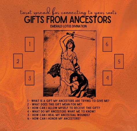 In this tarot spread we’ll connect to our roots, asking our ancestors what they’re currently trying to help us with and how we can connect with them. If you feel called to this tarot spread, it likely means that you have ancestors who are trying to offer you support or guidance. What is a gift? A gift from our ancestors or spiritual teachers are not the same gifts as we give a friend on their birthday. More often, gifts from our ancestors are not tangible materialistic offerings, but rather Tarot Card Layouts, Oracle Spreads, Phoenix Reborn, Kartu Tarot, Moon Activities, Tarot Guidebook, Tarot Reading Spreads, Tarot Interpretation, Tarot Cards For Beginners